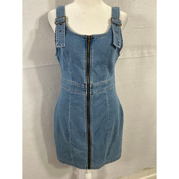 Haute Monde Denim Mini Dress with Buckle Shoulder Straps and Front Zipper Size L - Picture 1 of 5
